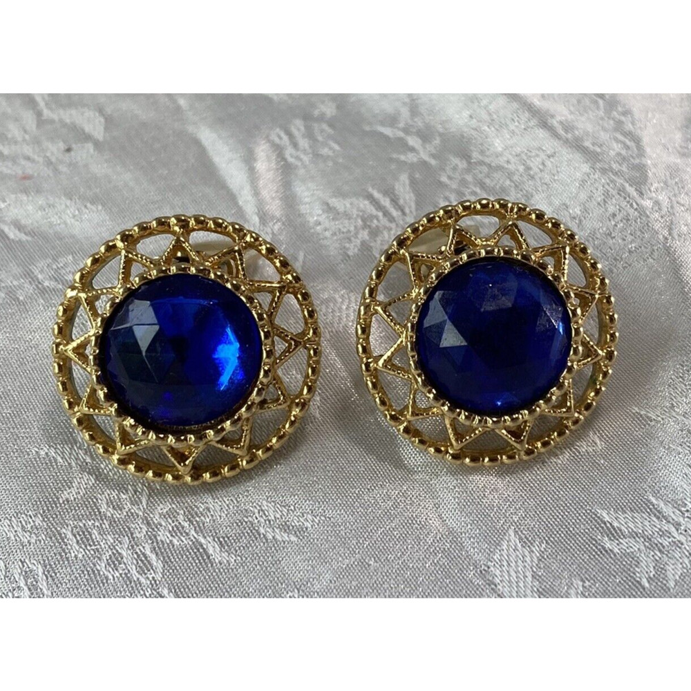 Sarah Coventry Vintage Gold Tone Blue Rhinestone Clip-on Earrings Jewelry